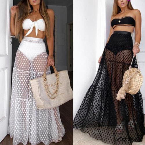 Ladies Sexy Long Skirt High Waist Mesh Wave Dots Embellished Solid Color Fashion Light Dress boho grunge fairy core clothes