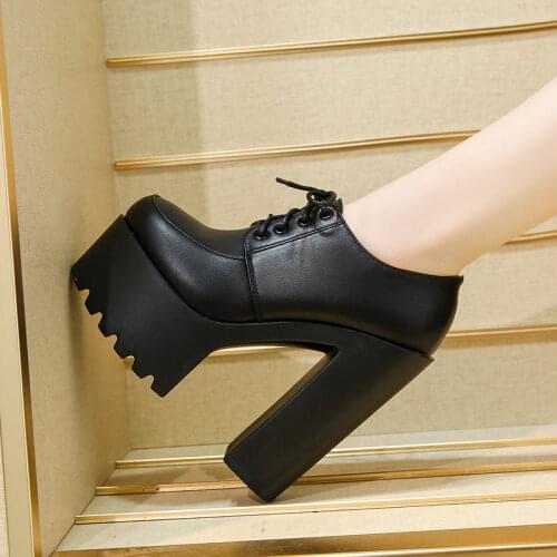 GIYU 15cm Super High Heel Catwalk Woman Pump 2021 Autumn New Ladies Rough Heel Platform Roman Leather Shoes Nightclub Booties
