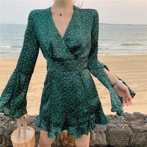 Heliar Women Green Polka Dot Playsuits Flounce Hem One Piece Women High waist V-neck Beach Rompers For Women Summer Outfits