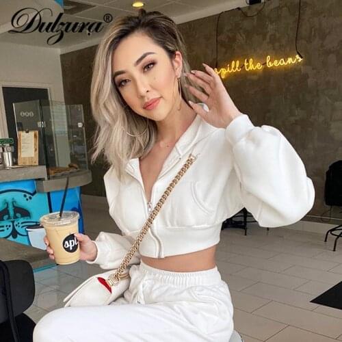 Dulzura Zipper Hoodie Women Crop Top Long Sleeve Jacket Solid Pocket Loose Streetwear 2020 Autumn Winter Outwear Casual
