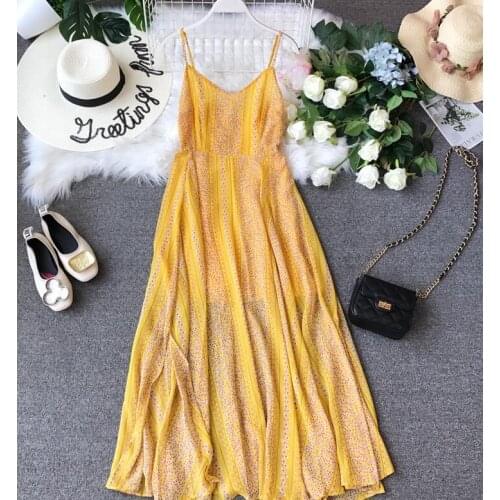 Womens Summer Print Condole belt Yellow Chiffon Dress Female Summer Vacation Long Beach Dress B162