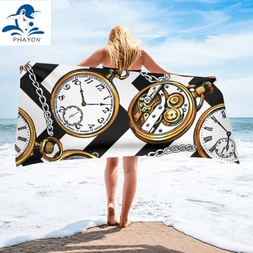 Golden Clock Printed Microfiber Bath Beach Towel for Adults 75*150cm Soft Water Absorbing Breathable Summer Surf Robe Blanket