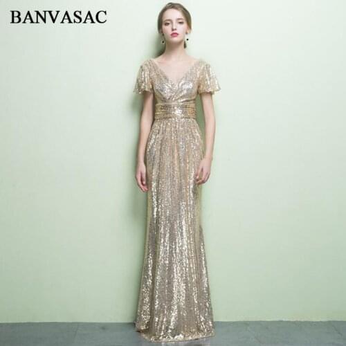 BANVASAC Sexy Deep V Neck Sequined Mermaid Long Evening Dresses Party Short Sleeve Sash Zipper Backless Prom Gowns