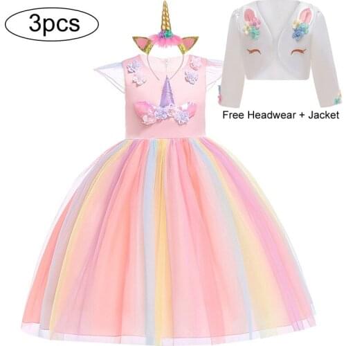 Summer Child Girl Unicorn Dress Cosplay Party Wedding Ball Gown Kids Clothes Birthday Child Girl Princess Flower Dress 3-10 Year