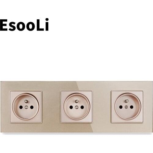 Esooli Gold Crystal Glass Panel French Standard Wall Socket 258*86mm Power Socket Plug Grounded 16A Electrical Triple Outlet