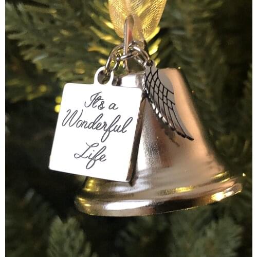Its A Wonderful Life Inspired Christmas Angel Bell Ornament with Angel Wing Charm. Comes with 2 Interchangeable Ribbons