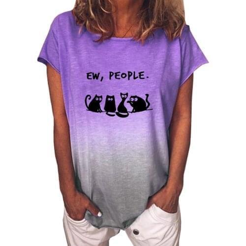 Loose T Shirt Women Rainbow Gradient Printed Letters Cat Print Tops Tee Female Round Neck Short Sleeve T-Shirt футболка оверсайз