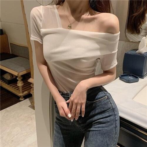 Women Short Sleeve T-shirts Knitting Top Tees Sexy Off-Shoulder Slim Summer Ladies Tee Shirt