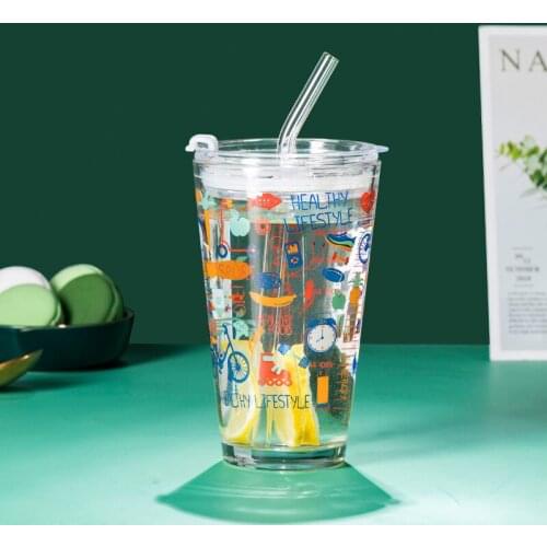 Ins Cute Girl Graffiti Scale Glass Thickened Large-capacity Breakfast Scale Cup Trend Creative Straw Water Cup Gift Cup Set