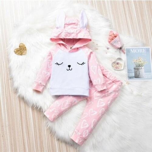 2PC Newborn Baby Girl Winter Long Sleeve Bunny Ear Hooded Top Pants Easter Outfit Clothes Tracksuit Set 0-24M