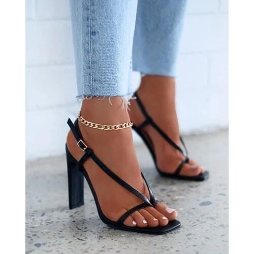 Summer Women Sandals Narrow Band Vintage Square Toe High Heels Buckle Strap High Heel Sandals Women V-neck Designer Shoes Women
