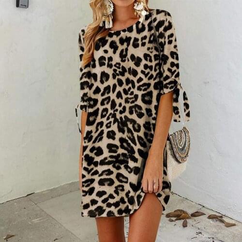 Summer Women Sundress Fashion Sexy Leopard Printed Party Mini Dress Casual Loose Round Neck Half Sleeve Clothing