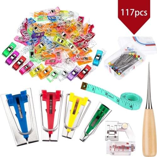 LMDZ Set of 4 Sizes Sewing Accessories Bias Tape Makers with 60 Pcs Sewing Clips,50 Pcs Ball Point Pins, Awl, Sewing Tools