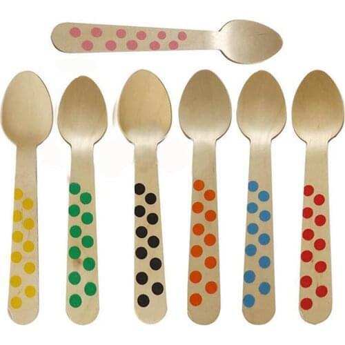 100 pcs 14 CM Colorful Polka Dot Striped Wooden Fork Spoon Cream Disposable Wooden Tableware Eco-friendly for Wedding