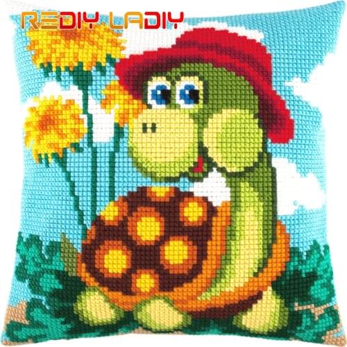 Cross Stitch Cushion Kits Turtle in Hat Pillow Case Pre-Printed Canvas Acrylic Chunky Yarn Needlepoint Cross-stitch Art & Crafts
