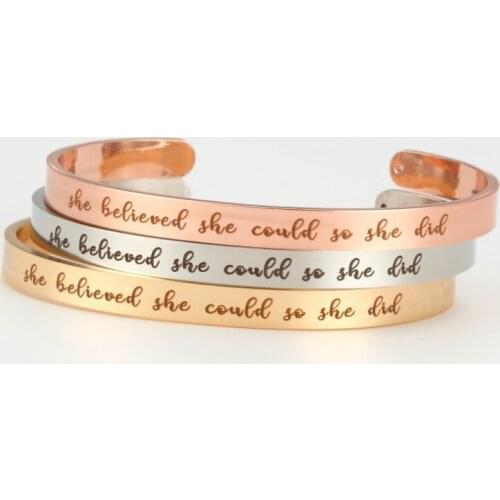 Stainless Steel Cuff Bangle Engrave "She believed she could so she did" Inspirational Motivational Bracelet For Her