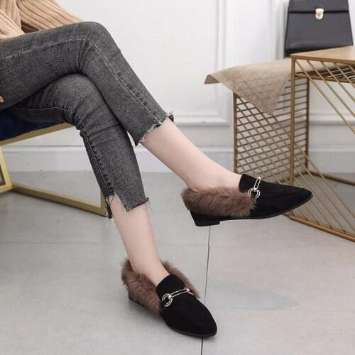 2020 Autumn And Winter Clothing New Single-bottom Flat Shoes Hairy Women Comfortable Metal Decoration Casual Shoes B22-24