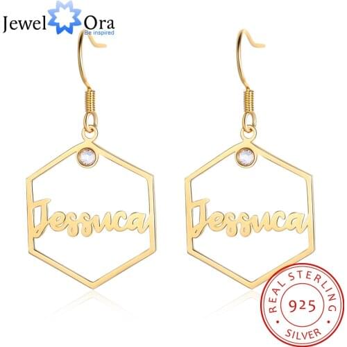 Personalized Name Hexagon Earrings with 2 Birthstones 925 Sterling Silver Customized Letter Dangle Drop Earrings Birthday Gifts