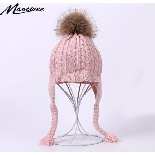 PomPon Hat Children Kids Baby Caps Beanies Faux Fur ball Winter Warm Knitted Skullies Hats Pure Colour Ear-Cap Beautiful lovely