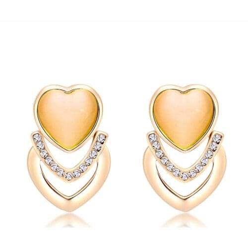 Romantic Style Light Yellow Gold Color Many Cat Eye Stone Love Heart Earrings with Rhinestone Fashion Jewelry