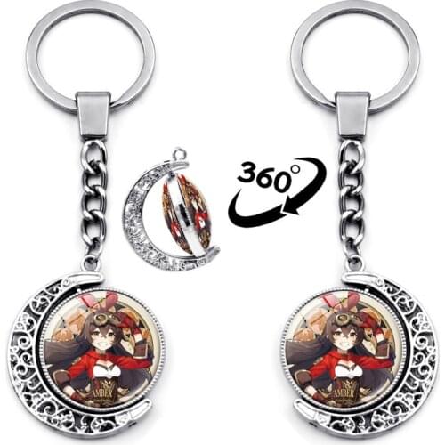 Game Genshin Impact Keychain for Keys Double Sided Rotating Moon Cute Bag Pendant Cosplay Jewelry Anime Key Chains Key Rings Car