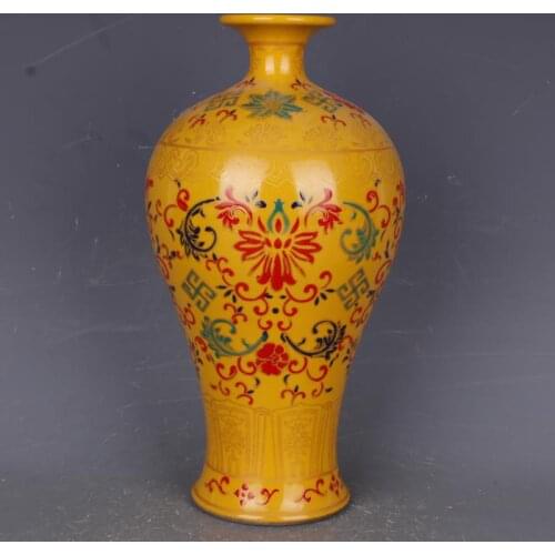 Qing Dynasty Yongzheng yellow enamel pattern plum vase antique antique porcelain home living room Chinese style ornaments antiqu