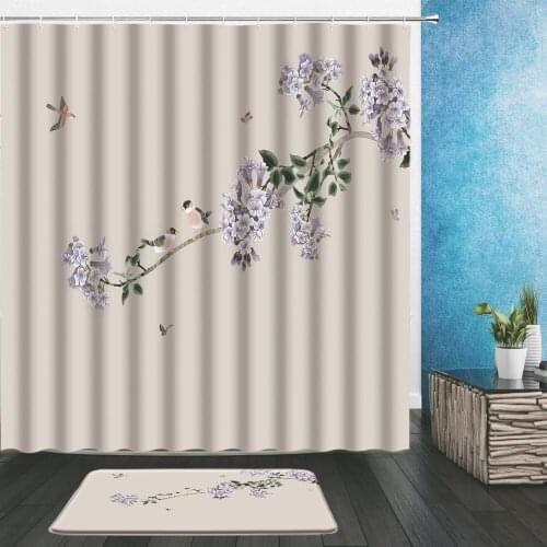 2pcs Chinese Style Shower Curtains Classic Painting Flower Bird Landscape Pattern Bathroom Decor Cloth Curtain With Flannel Mat