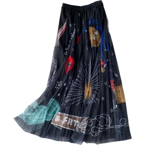 New Spring Autumn Women High Waist Slim Long Skirt High Quality Fashion Print Pleated Mesh Skirt