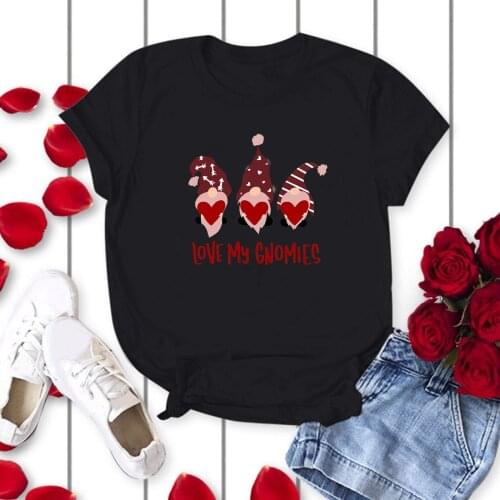 2021 Love My Gnomine Printing Tshirt Women Round Neck Valentines Day Funny Shirt Fashion Summer Loose Kawaii Femme T-shirt