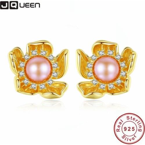 JQUEEN 925 Sterling Silver Vintage Flower-shaped Natural Pearl Bun Head Stud Earrings Temperament Women Ladies Wedding Jewelry