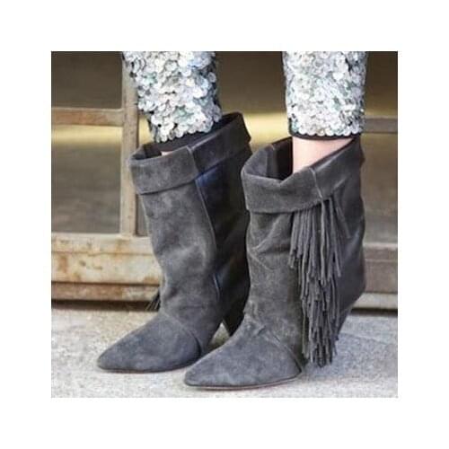 Sestito Hot Selling 2018 Woman Fashion Spikes High Heels Slip-on Ankle Boots With Fringe Ladies Pointed Toe Dress Short Boots