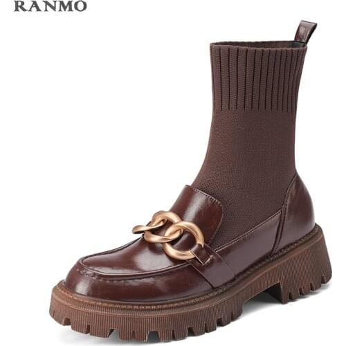 2021 Retro Women Ankle Boots Autumn Winter Genuine Leather Knitting Sock Boots Thick Heels Metal Decoration Platform Shoes Woman