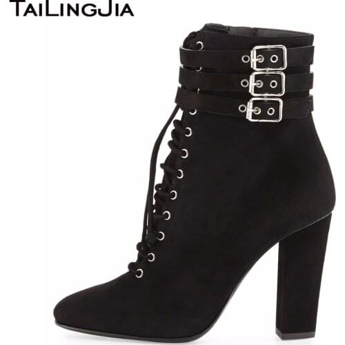 Ladies Boots 2017 Puck Suede Round Toe Lace-up Buckle Square Heel Ankle Boots For Women Casual Shoes Custom Plus Size US 4-15.5
