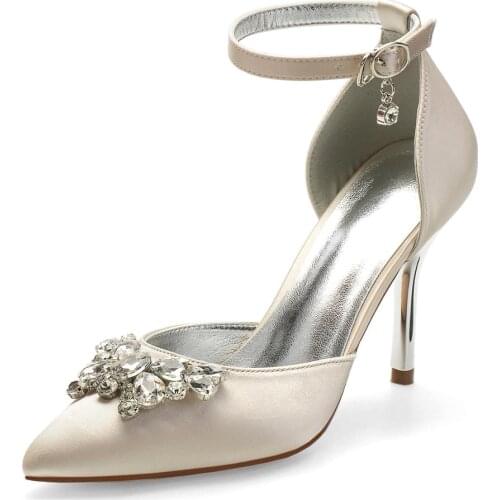 Womens Silver High Heels Extra Size 43 Wedding Shoes Pointed Toe Ankle Strap Crystal Decorations for Banquet Party Shoes