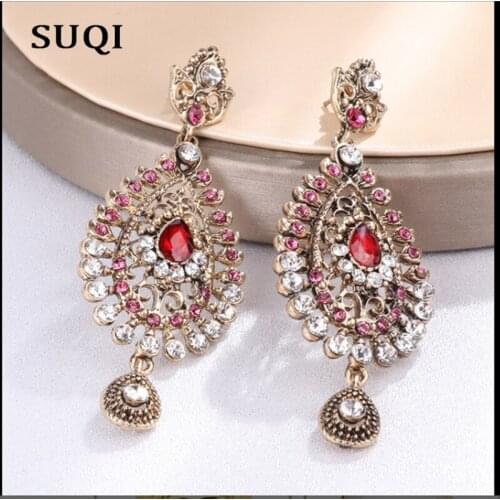SUQI Vintage Crystal Earrings for women Alloy Hollow Water Droplet Earrings Pendant Bride Accessories Turkey India Jewelry 2019