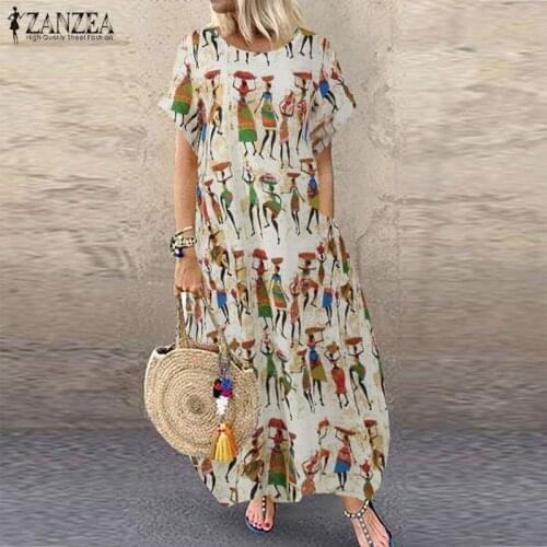 Stylish Cartoon Printed Maxi Dress ZANZEA Womens Summer Sundress Short Sleeve Vestidos Female O Neck Robe Femme Plus Size 5XL 7