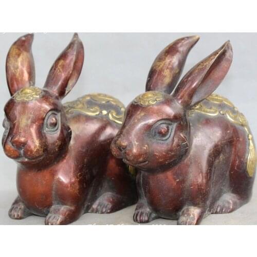 Zhmui88002841163++Chinese Fengshui Bronze Gilt Cute Rabbit Bunny Wealth money Rabbits Statue Pair