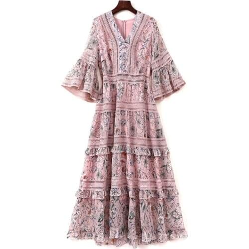2021 New Arrival Nice Quality Casual Plus Size Woman Clothing Loose Floral Long Pink Chiffon Dress for Lady
