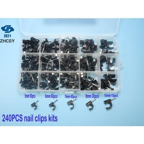 240pcs/box Plastic 5/6/7/8/10mm Circle Cable Clip C Shaped High Carbon Steel Nails Cable clips Wire Wall holder