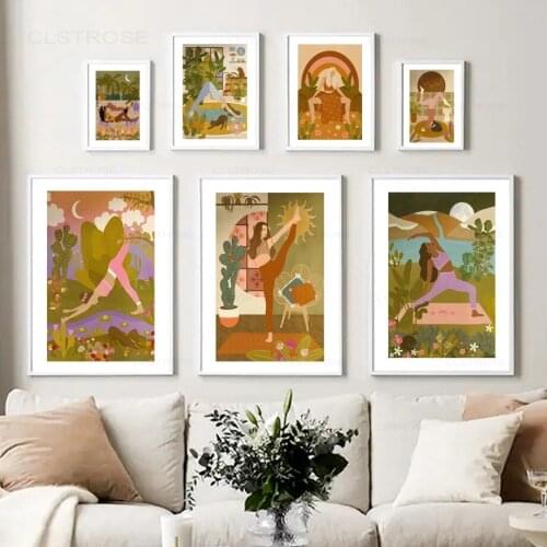 Abstract Yoga Girl Poster Flower Leaves Bohemian Style Nordic Canvas Painting Living Room Home Decoration Wall Art Pictures