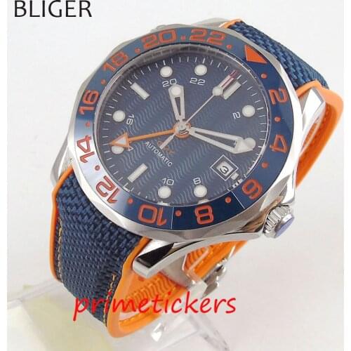 BLIGER 41mm mechanical watches men automatic movement GMT sapphire glass rotating bezel date window rubber strap
