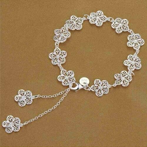Solid Silver Bracelets & Bangles Flower Chain Wedding Bracelet Wristband Pulseira Femme Fashion Bridal Jewelry Accessories Gifts