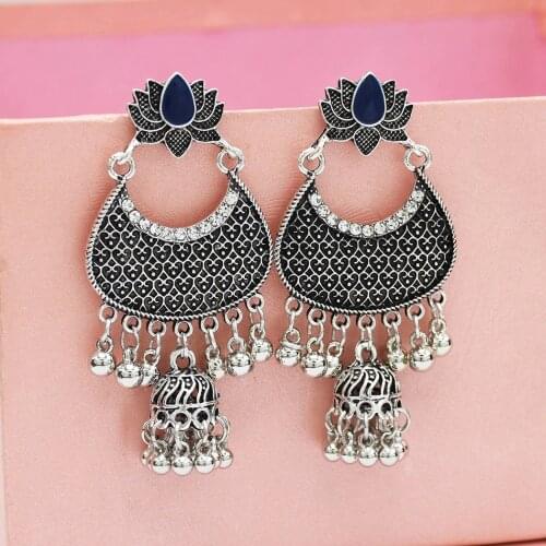 Gypsy Indian Ethnic Bells Pendant Drop Earrings Ancient Lotus Anemone Rhinestone Metal Beads Tassel Earrings Egyptian
