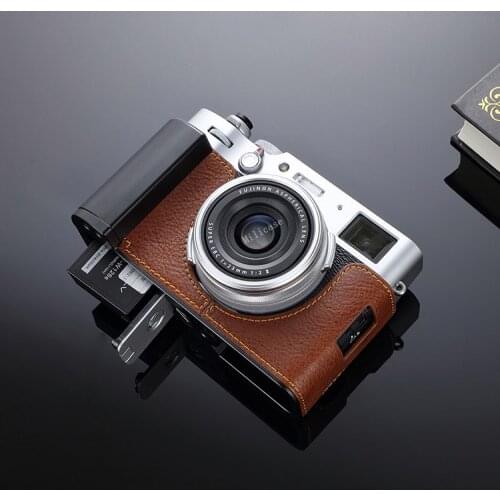 Design For Fujifilm X100v Fuji Brown Genuine Leather Camera Half Case Metal Grip Dovetail Plate