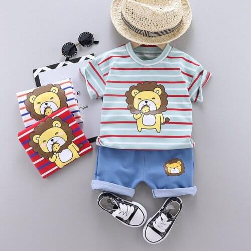Summer Cute 1-4years Baby Boy Clothes set Cotton stripe Cartoon animal print T-Shirt+Shorts 2 PCS Boys Girls Kids Clothing