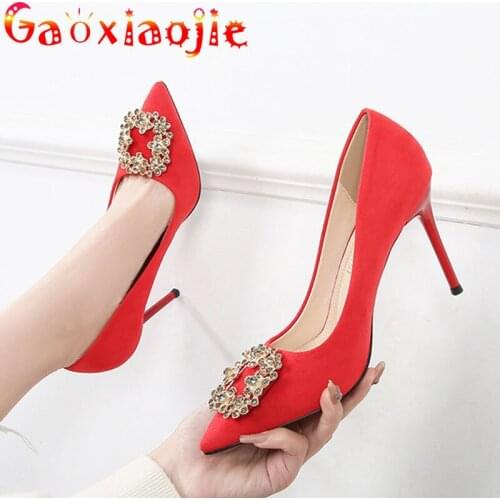 Gaoxiaojie Woman Concise Office Pumps Fashion 2021 Pointed Toe Flock Water Drill Metal Buckle High Heel Shoes Plus Size 35-43