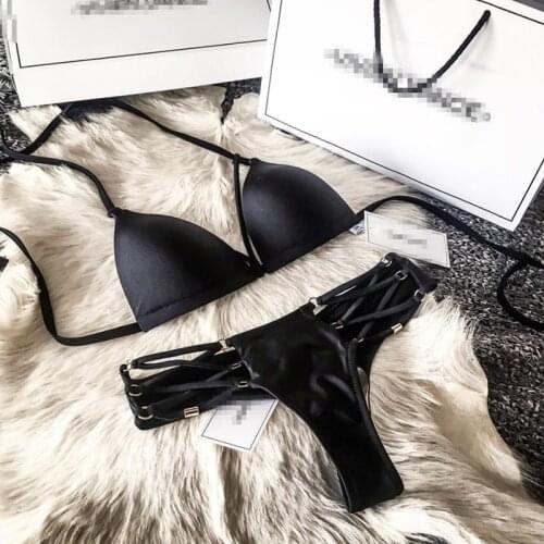 Black String Bikini Set Women Sexy Thong 2 Piece Swimsuit Solid Padded Bra Bathing Suit Women Halter Swimwear Push Up Biquini