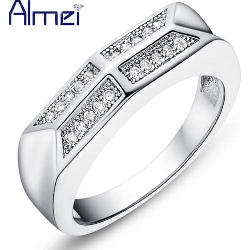 Almei 15% Off Mens Womens Rings with CZ Zircon Fashion Crystal Couple Ring Wedding Silver Color Bands Party Punk Anillo J598