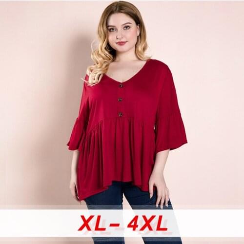 Office Tops Summer V Neck Three Quarter Butterfly Sleeve Casual Ruffles Women Blouses Plus Size Loose Ladies Tunic Large Size