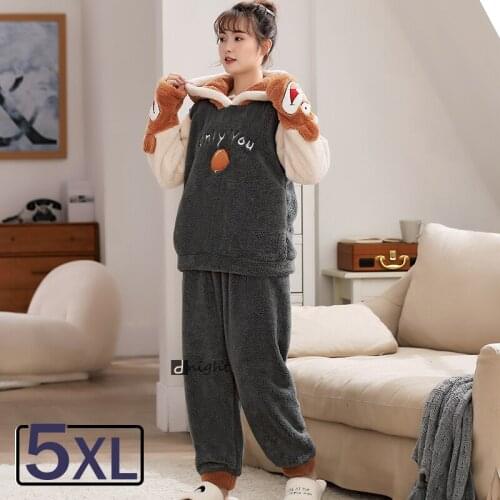 5XL Autumn Winter Thick Warm Pajamas Flannel Women Sleepwear Sets Thick Coral Velvet Long Sleeve Plus Size Cartoon Thin Pyjamas